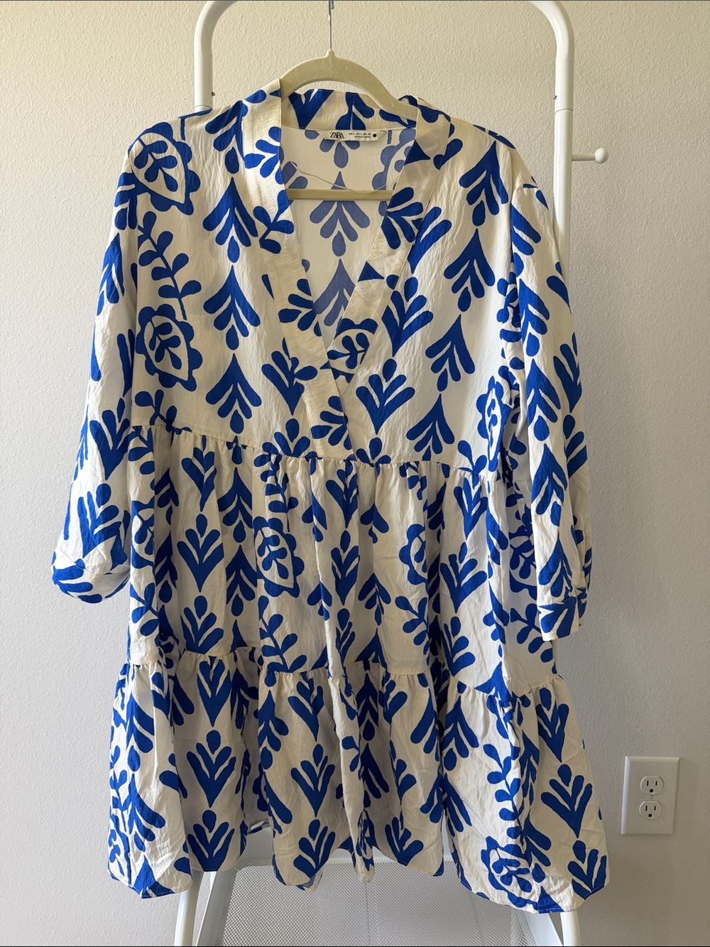 Zara White Mini Dress with Bold Royal Blue Print
